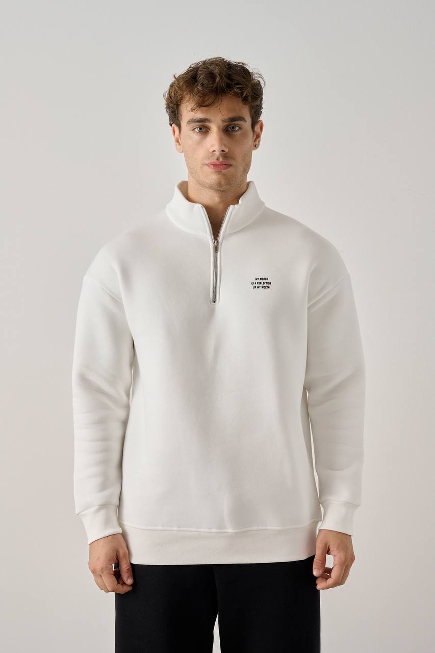 Men's White Quarter-Zip High Neck Sweatshirt