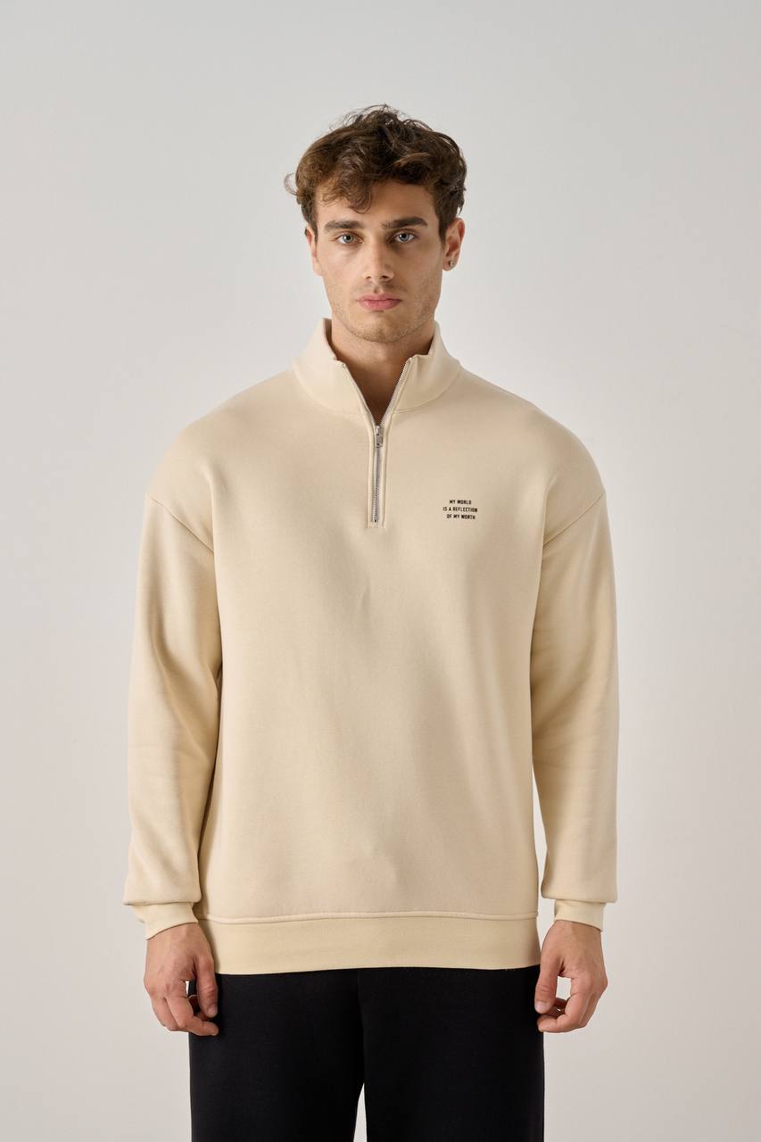 Men's Beige Quarter-Zip Mock Neck Sweatshirt