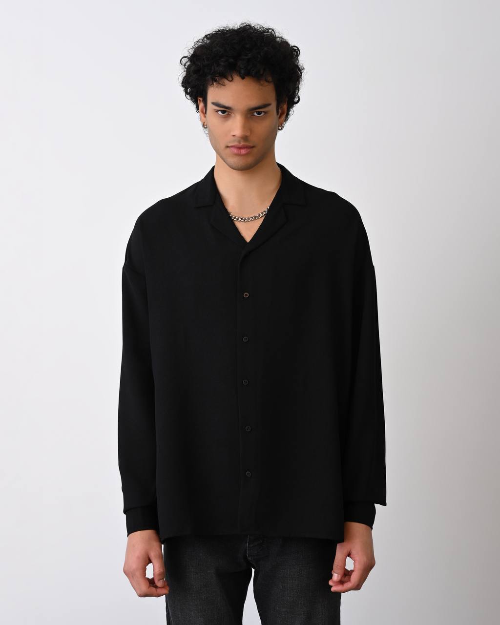 Men's Black Relaxed Fit Long Sleeve Camp Collar Shirt