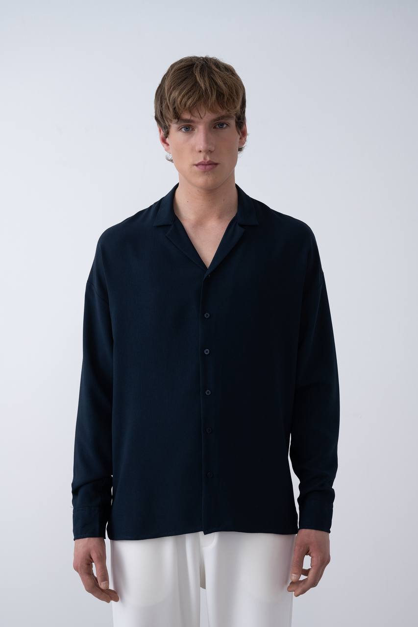 Men's Navy Relaxed Fit Camp Collar Shirt