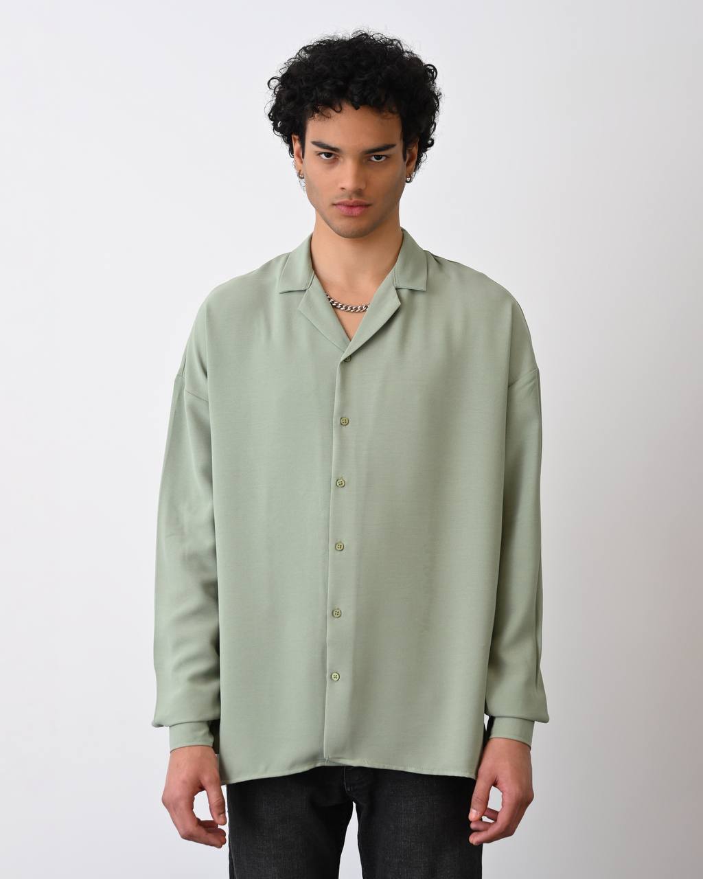 Men's Oversized Cuban Collar Long Sleeve Shirt in Sage Green