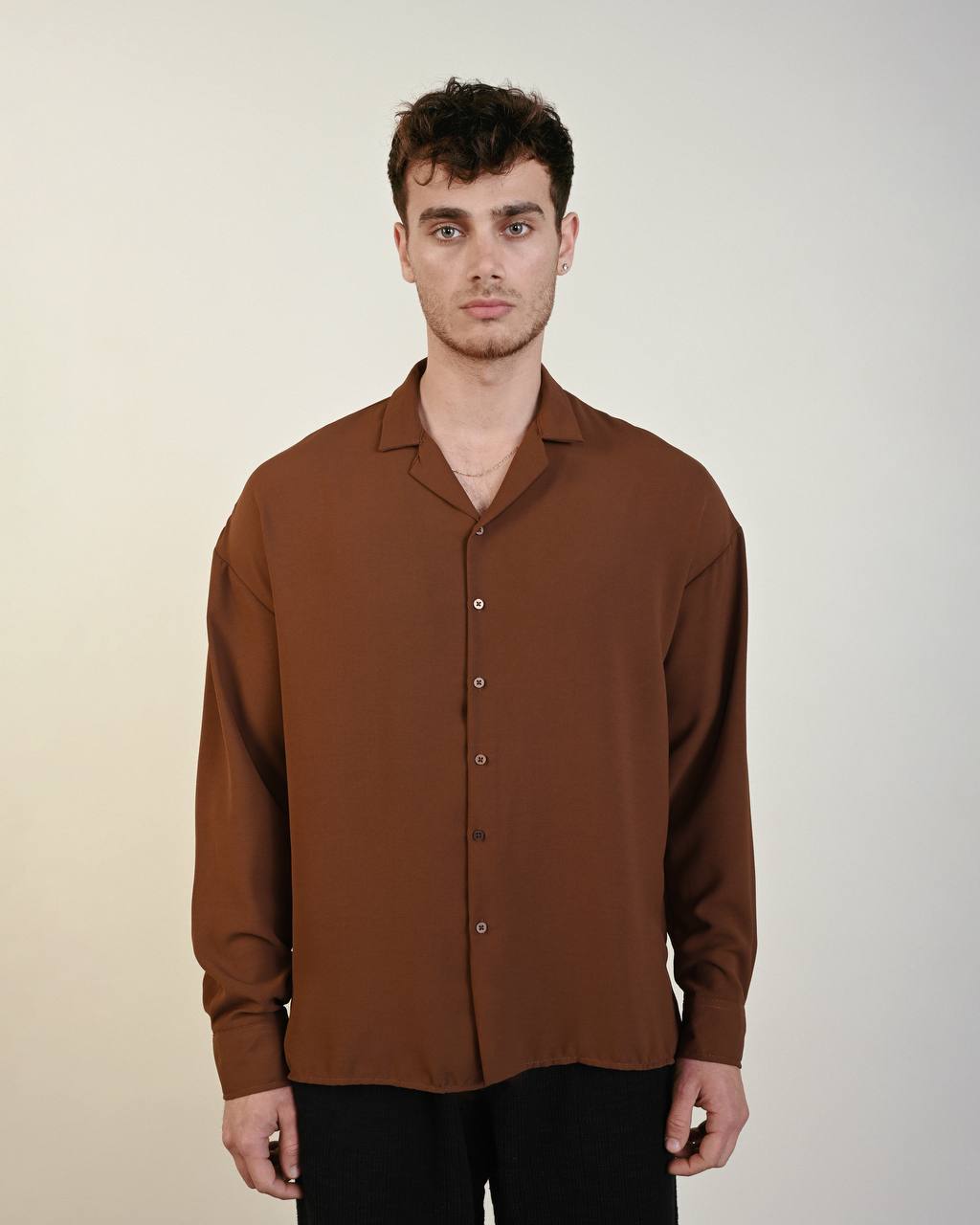 Men's Relaxed Fit Brown Camp Collar Shirt