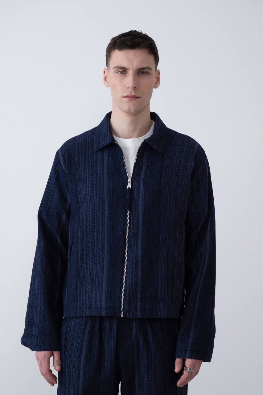 Men's Navy Textured Full-Zip Casual Jacket