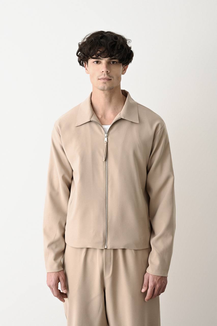 Men's Casual Beige Zip-Up Collared Jacket