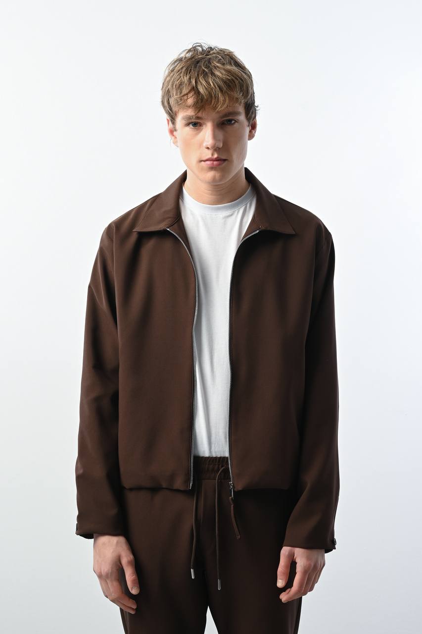 Men's Casual Brown Full-Zip Collared Jacket