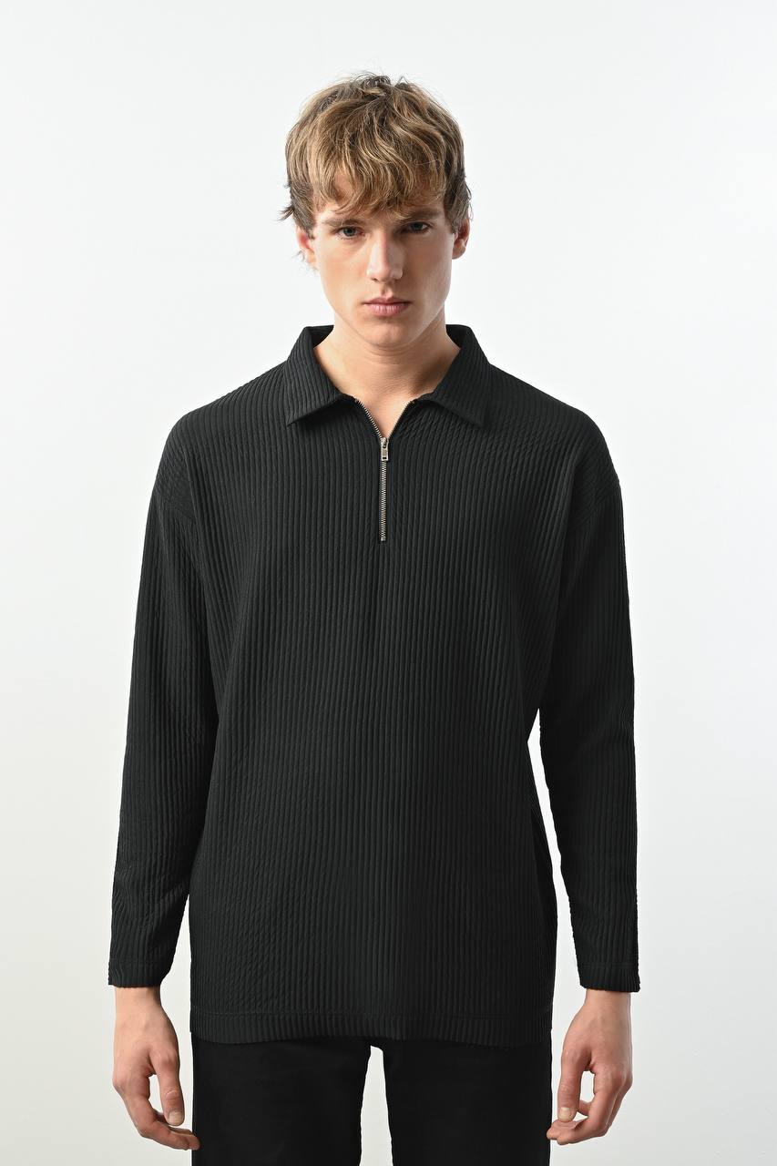 Men's Ribbed Half-Zip Long Sleeve Polo Shirt