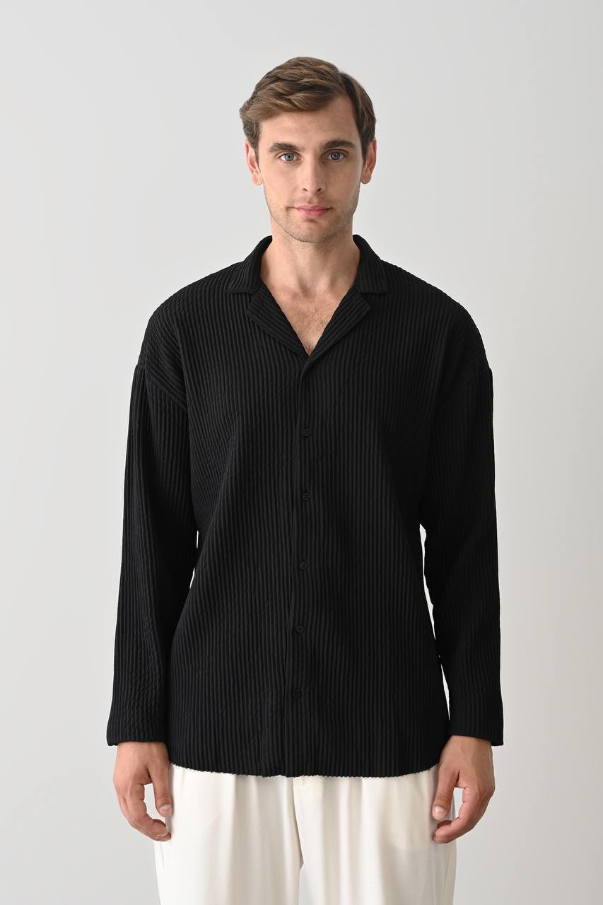Men's Black Pleated Relaxed Fit Camp Collar Shirt