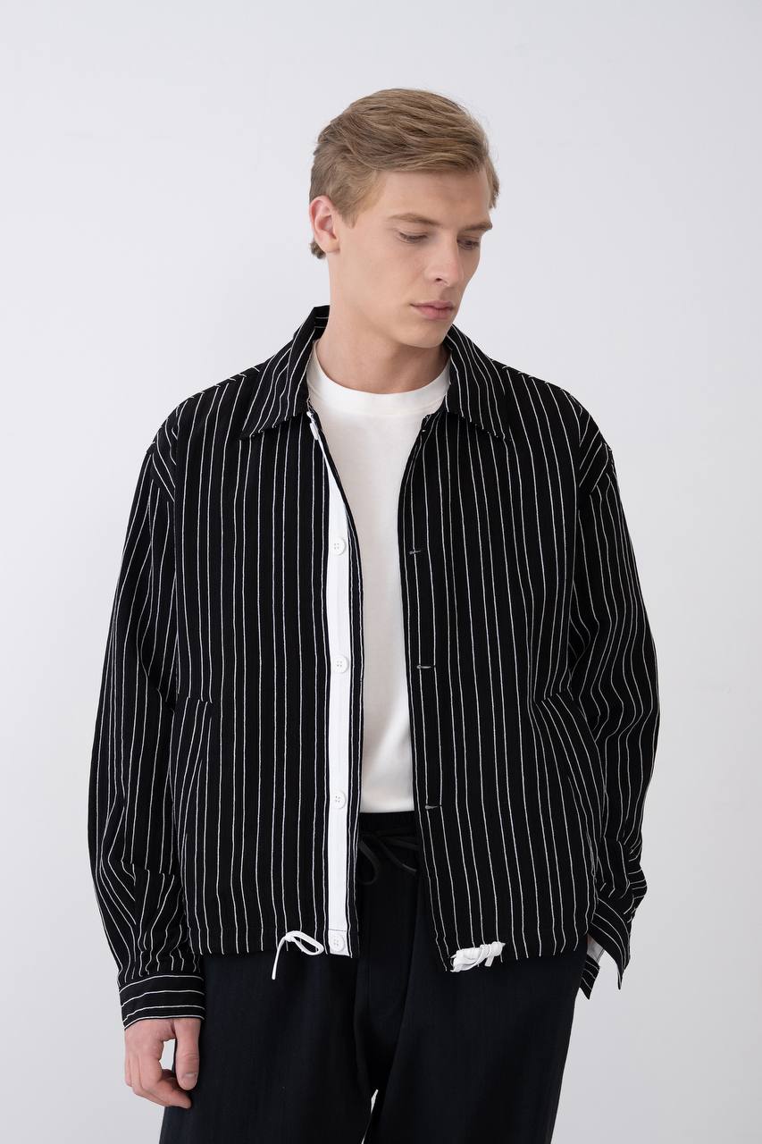 Men's Black Pinstripe Button-Up Casual Shirt Jacket