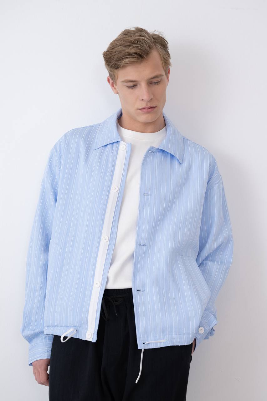 Men's Light Blue Striped Button-Front Jacket
