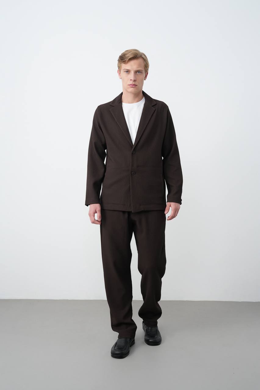 Men's Dark Brown Ribbed Co-ord Blazer & Trousers Set
