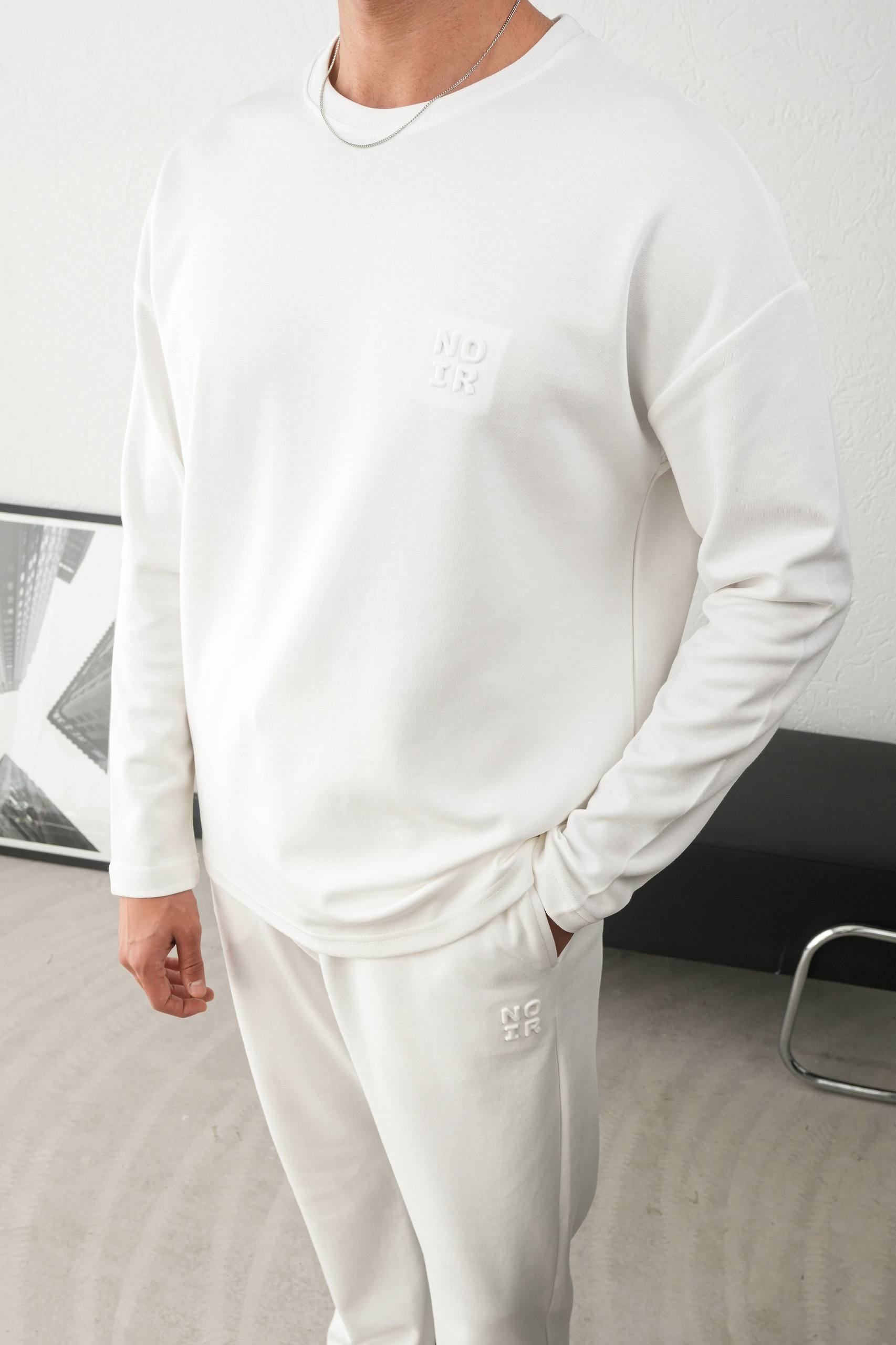 Men's White Embossed Logo Crewneck Sweatshirt