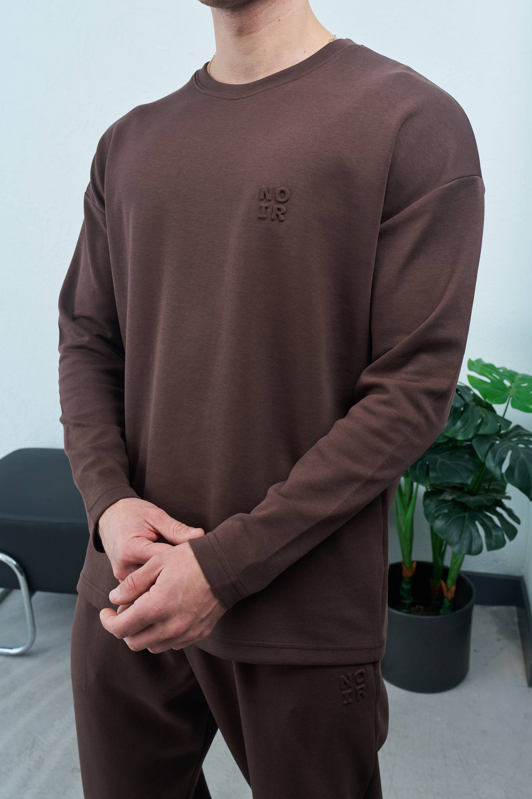 Men's Embossed Logo Brown Long-Sleeve Sweatshirt