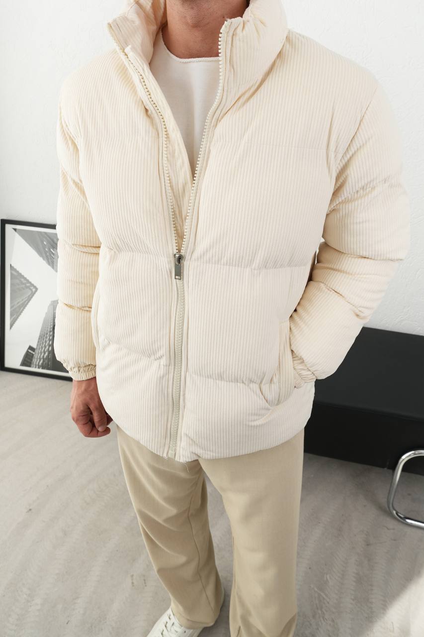 Men's Beige Corduroy Puffer Jacket