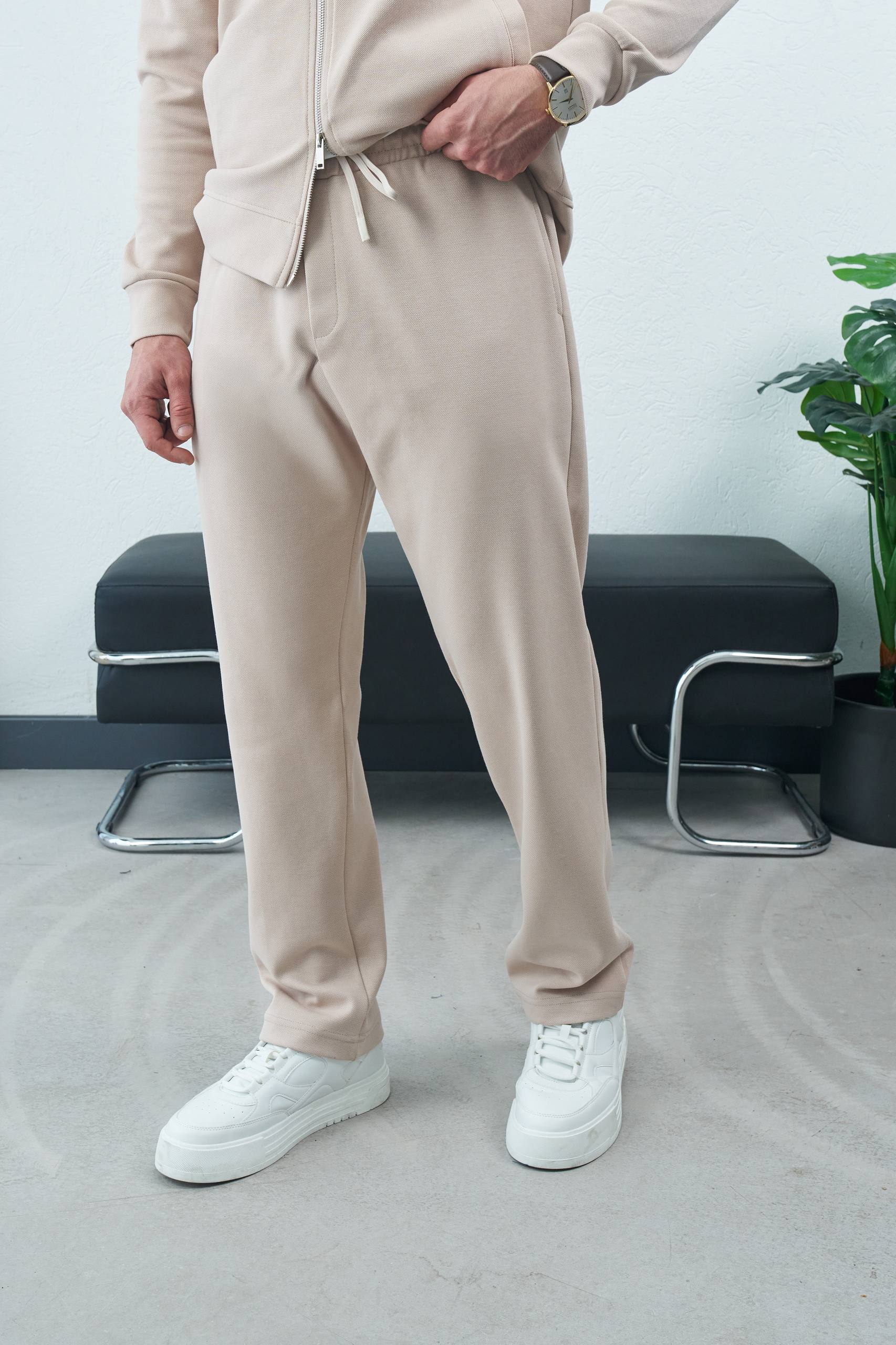 Men's Casual Beige Full-Zip Tracksuit Set