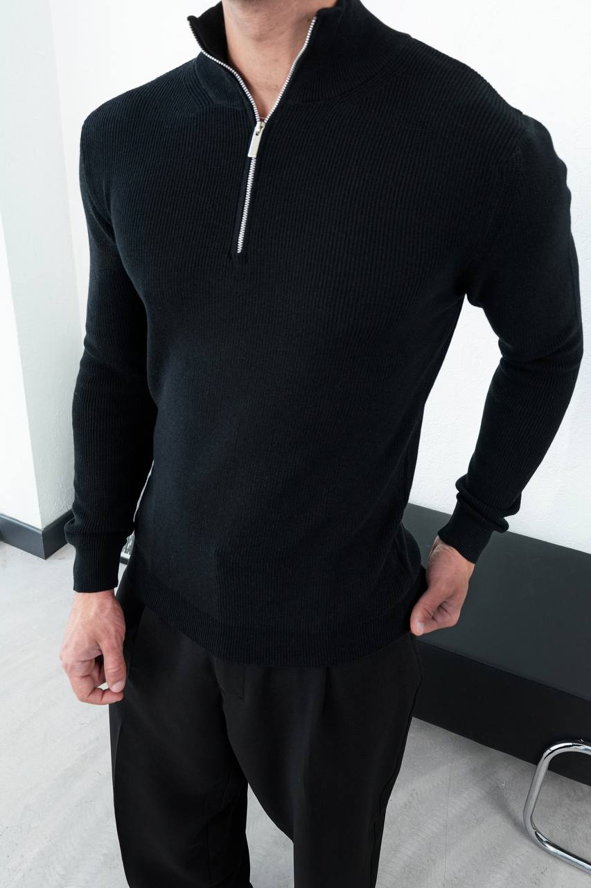 Men's Black Ribbed Quarter-Zip Sweater