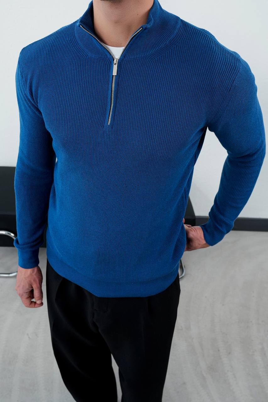 Men's Blue Ribbed Quarter-Zip Sweater
