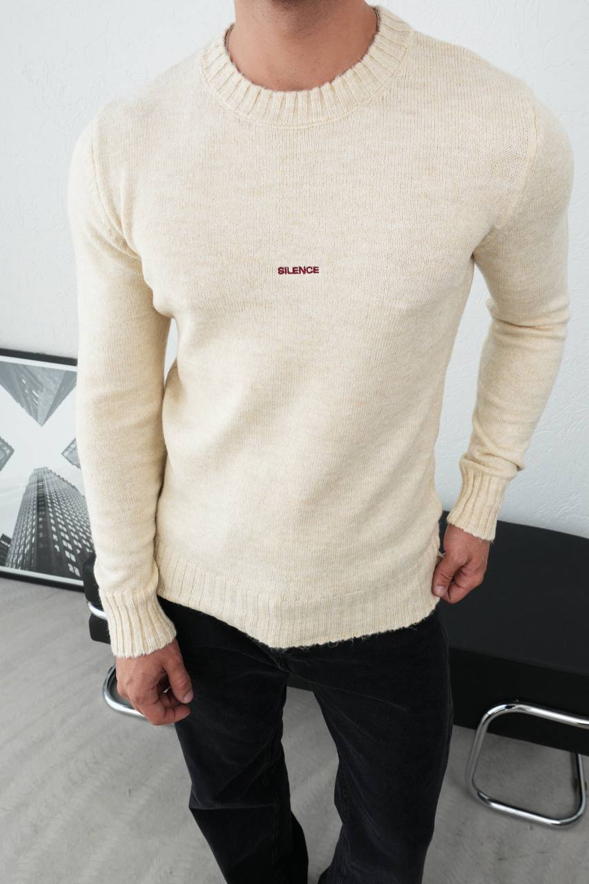 Men's Cream Ribbed Knit 'Silence' Sweater
