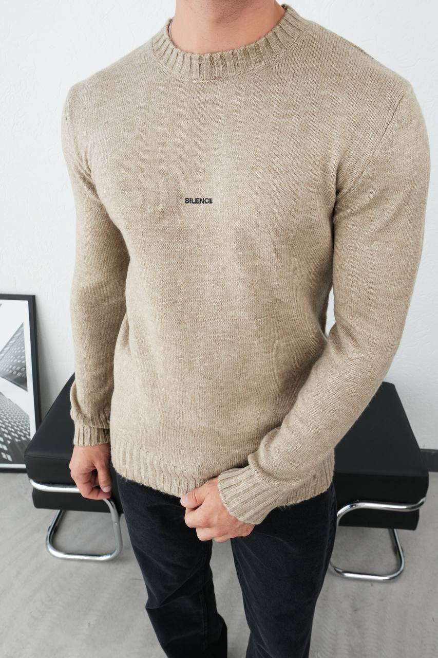 Men's Beige Knit Crew Neck Sweater with 'Silence' Detail