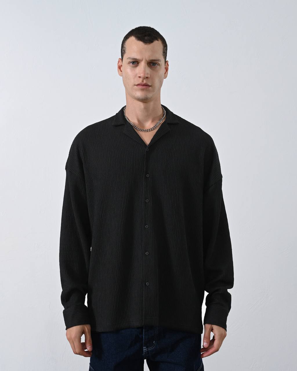 Men's Textured Long Sleeve Camp Collar Shirt