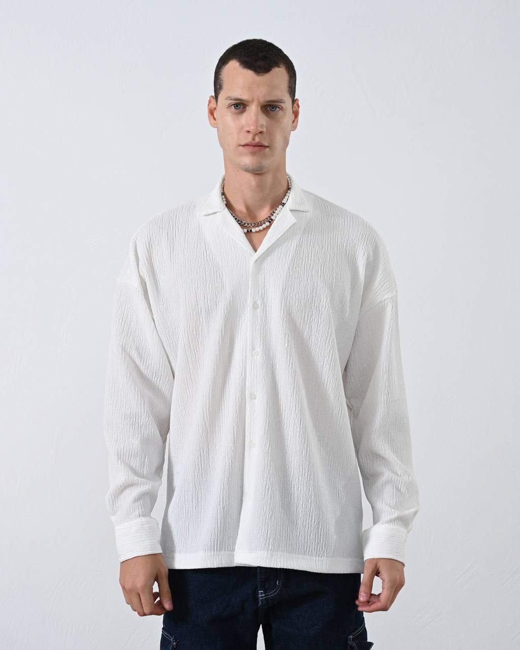 Men's Textured White Long-Sleeve Casual Shirt