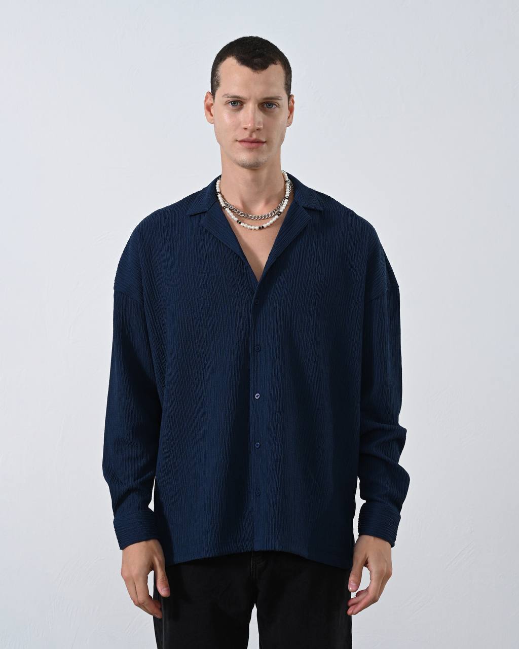 Men's Navy Textured Relaxed Fit Shirt
