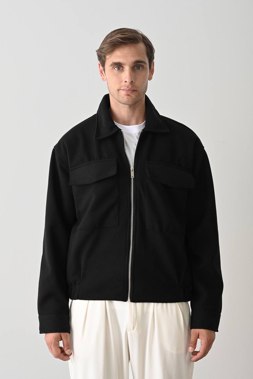 Men's Black Zip-Up Collared Workwear Jacket