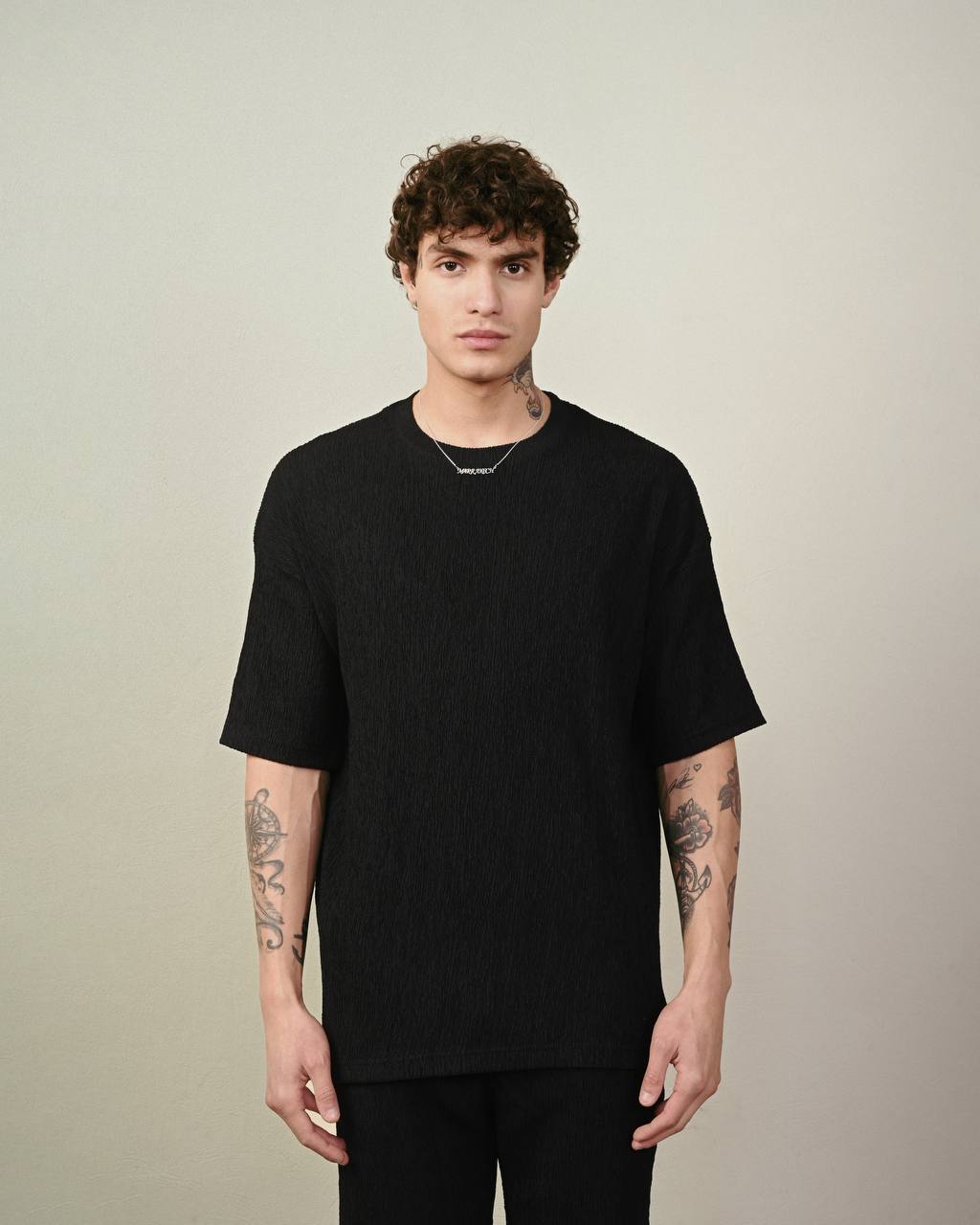 Men's Black Textured Oversized T-Shirt