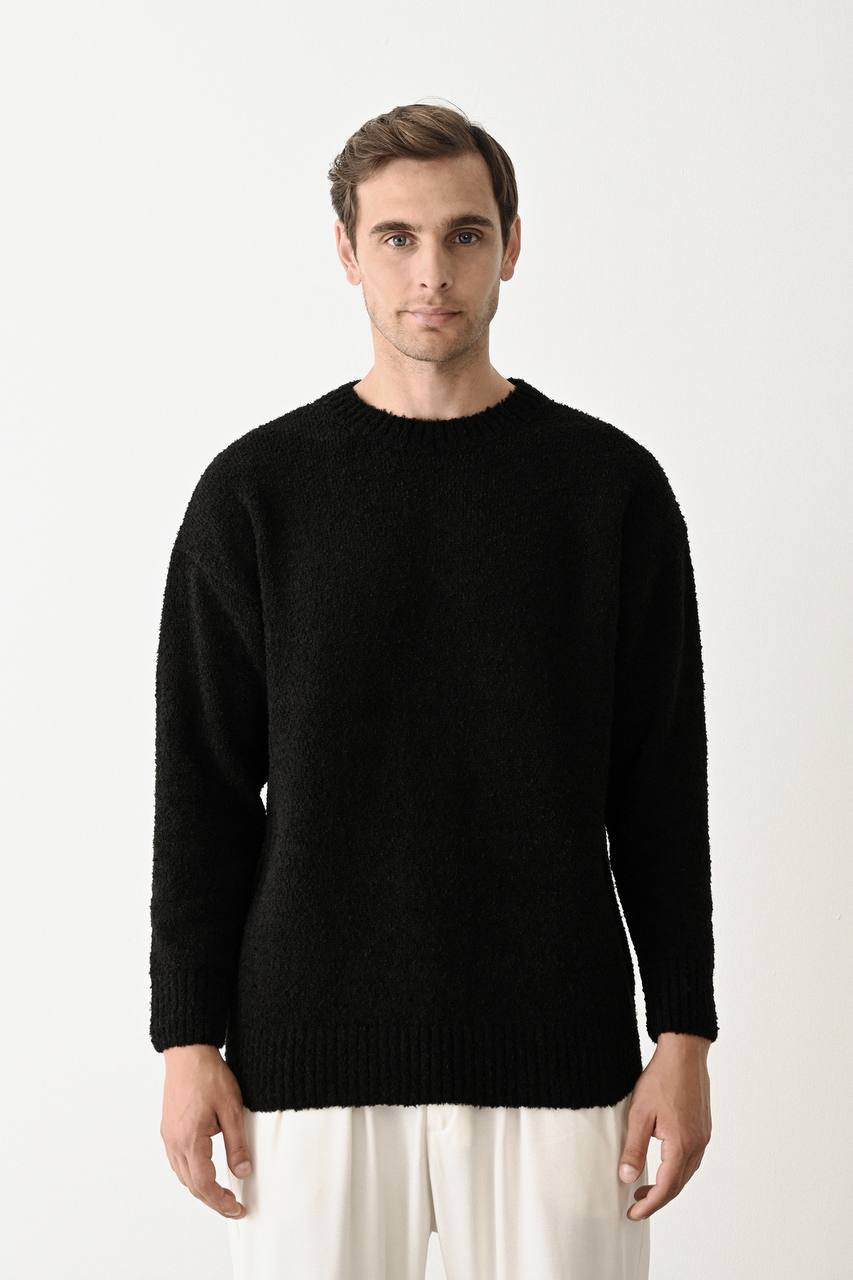 Men's Black Textured Knit Crew Neck Sweater