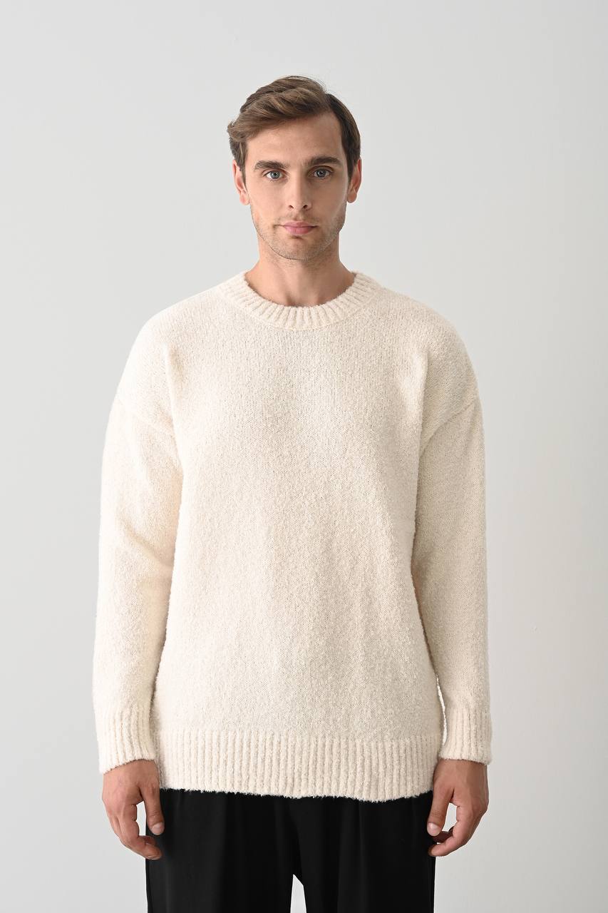 Men's Cream Textured Knit Crewneck Sweater